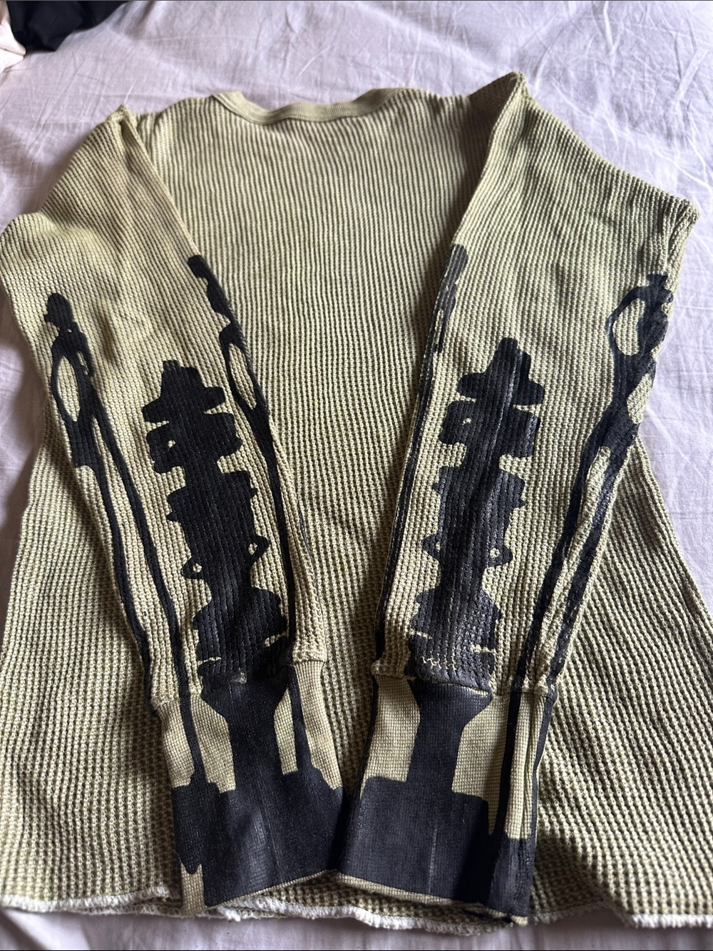 Women’s Olive Green Thermal Sweater with Black Sleeve Graphic